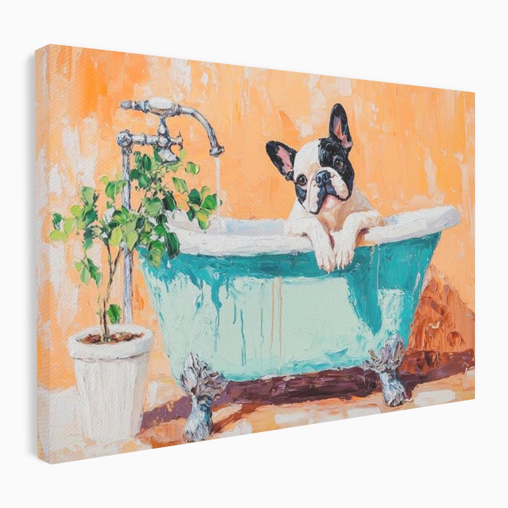 Tablou canvas cu tablou canvas cu bulldog in cada, fara rama, pe sasiu de lemn